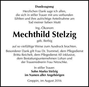 Traueranzeige von Mechthild Stelzig von Mitteldeutsche Zeitung Bitterfeld