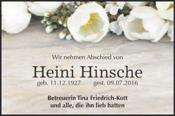 Traueranzeige von Heini Hinsehe von WVG - Wochenspiegel Bitterfeld