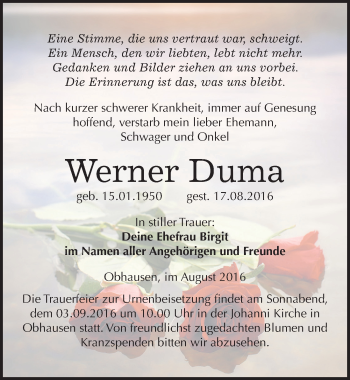 Traueranzeige von Werner Duma von Mitteldeutsche Zeitung Merseburg/Querfurt