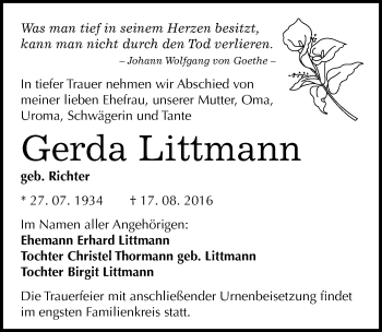 Traueranzeige von Gerda Littmann von Mitteldeutsche Zeitung Merseburg/Querfurt
