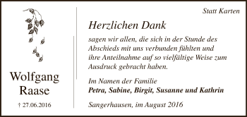 Traueranzeige von Wolfgang Raase von Super Sonntag SGH Mansf. Land