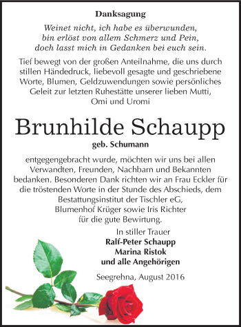 Traueranzeige von Brunhilde Schaupp von Mitteldeutsche Zeitung Wittenberg