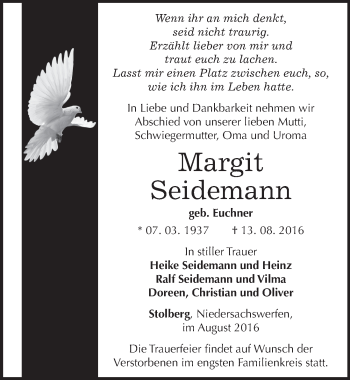 Traueranzeige von Margit Seidemann von Mitteldeutsche Zeitung Sangerhausen
