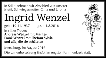 Traueranzeige von Ingrid Wenzel von WVG - Wochenspiegel Merseburg