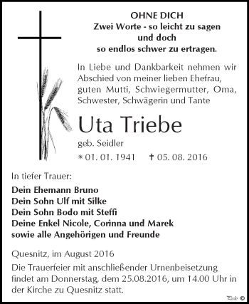 Traueranzeige von Uta Triebe von Super Sonntag Zeitz