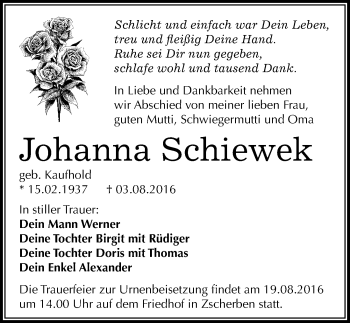 Traueranzeige von Johanna Schiewek von Mitteldeutsche Zeitung Halle/Saalkreis