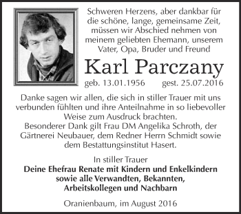 Traueranzeige von Karl Parczany von Super Sonntag Wittenberg