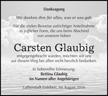 Traueranzeige von Carsten Glaubig von Super Sonntag SGH Mansf. Land