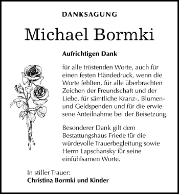 Traueranzeige von Michael Bormki von Mitteldeutsche Zeitung Dessau-Roßlau