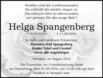 Traueranzeige von Helga Spangenberg von Mitteldeutsche Zeitung Merseburg/Querfurt