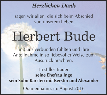 Traueranzeige von Herbert Bude von WVG - Wochenspiegel Wittenberg