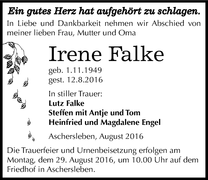  Traueranzeige für Irene Falke vom 18.08.2016 aus Mitteldeutsche Zeitung Aschersleben