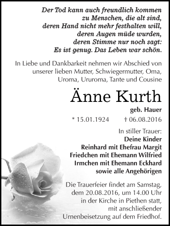 Traueranzeige von Änne Kurth von WVG - Wochenspiegel Dessau / Köthen