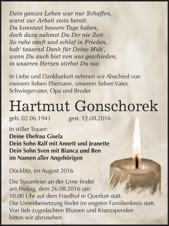 Traueranzeige von Hartmut Gonschorek von WVG - Wochenspiegel Merseburg