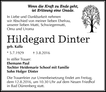 Traueranzeige von Hildegard Dinter von Mitteldeutsche Zeitung Merseburg/Querfurt