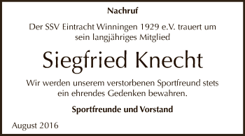Traueranzeige von Siegfried Knecht von Super Sonntag Aschersleben