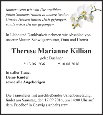 Traueranzeige von Therese Marianne Killian von Super Sonntag Wittenberg