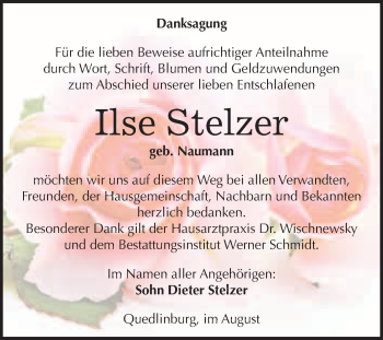 Traueranzeige von Ilse Stelzer von WVG - Wochenspiegel Quedlinburg
