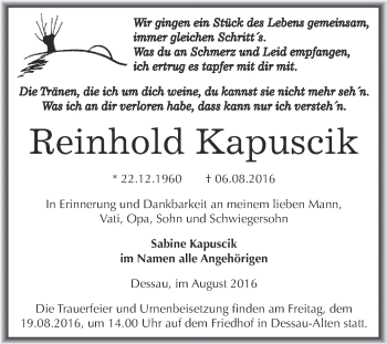 Traueranzeige von Reinhold Kapuscik von WVG - Wochenspiegel Dessau / Köthen