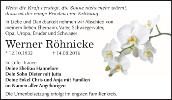 Traueranzeige von Werner Röhnicke von WVG - Wochenspiegel Bitterfeld