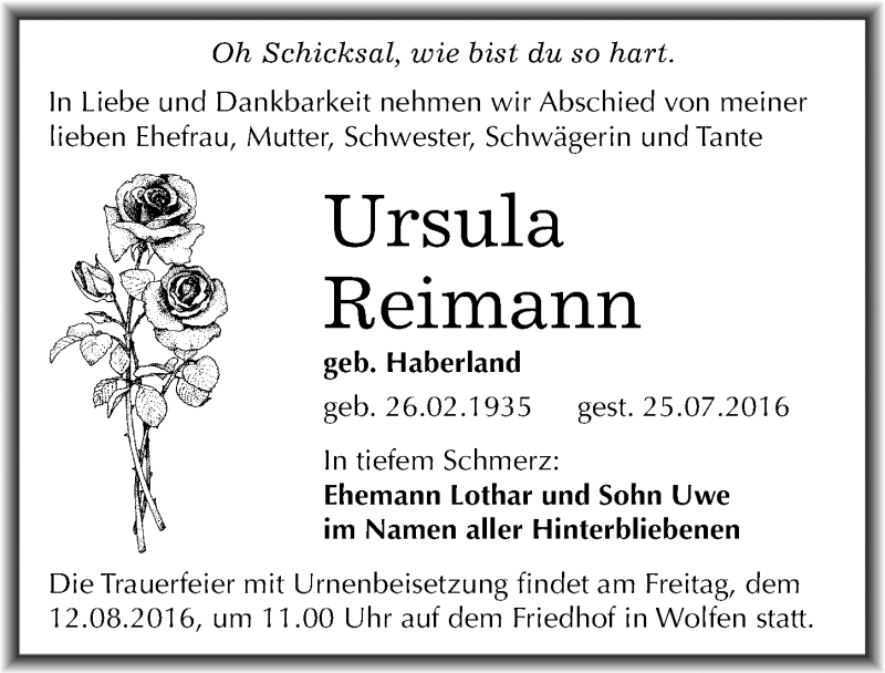  Traueranzeige für Ursula Reimann vom 06.08.2016 aus Mitteldeutsche Zeitung Bitterfeld