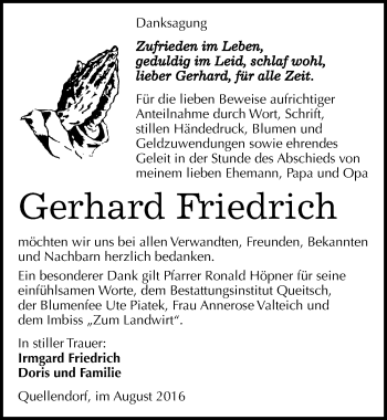 Traueranzeige von Gerhard Friedrich von Mitteldeutsche Zeitung Köthen