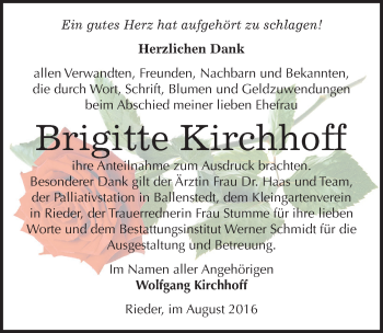 Traueranzeige von Brigitte Kirchhoff von Mitteldeutsche Zeitung Quedlinburg
