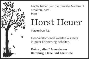 Traueranzeige von Horst Heuer von Super Sonntag Bernburg
