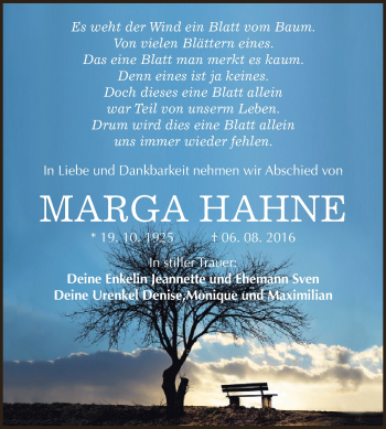 Traueranzeige von Marga Hahne von WVG - Wochenspiegel Dessau / Köthen