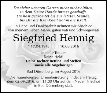 Traueranzeige von Siegfried Hennig von Mitteldeutsche Zeitung Merseburg/Querfurt