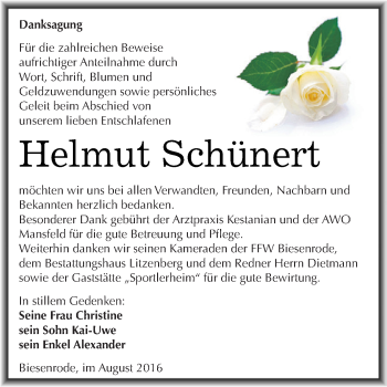 Traueranzeige von Helmut Schünert von Super Sonntag SGH Mansf. Land