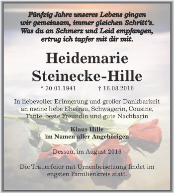 Traueranzeige von Heidemarie Steinecke-Hille von WVG - Wochenspiegel Dessau / Köthen