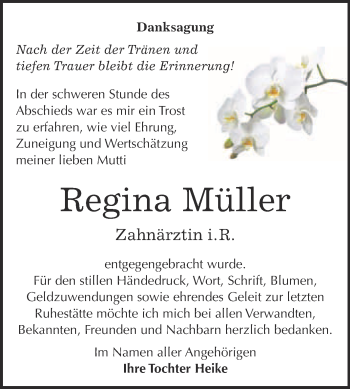 Traueranzeige von Regina Müller von WVG - Wochenspiegel Bitterfeld