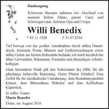 Traueranzeige von Willi Benedix von WVG - Wochenspiegel Wittenberg