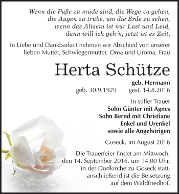 Traueranzeige von Herta Schütze von Mitteldeutsche Zeitung Weißenfels