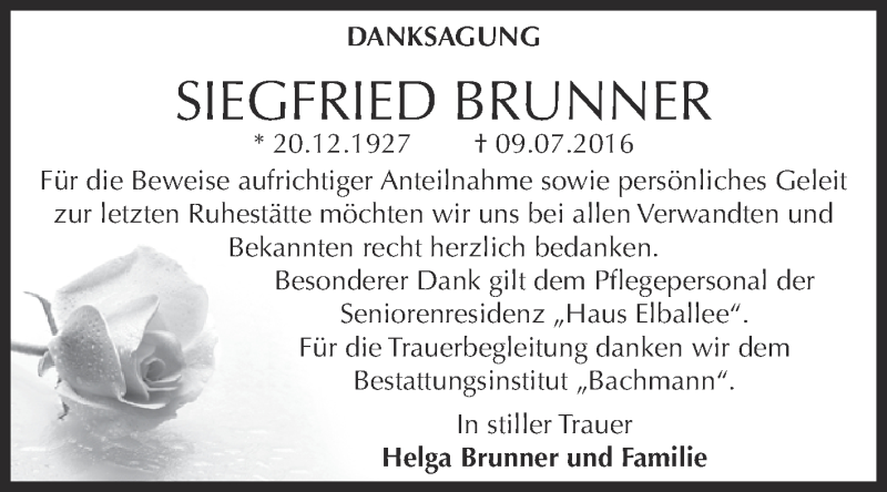  Traueranzeige für Siegfried Brunner vom 10.08.2016 aus WVG - Wochenspiegel Dessau / Köthen