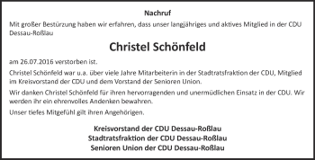 Traueranzeige von Christel Schönfeld von WVG - Wochenspiegel Dessau / Köthen