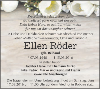 Traueranzeige von Ellen Röder von WVG - Wochenspiegel Bitterfeld