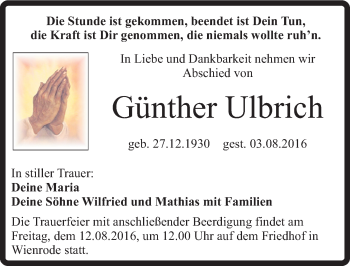Traueranzeige von Günther Ulbrich von Mitteldeutsche Zeitung Quedlinburg