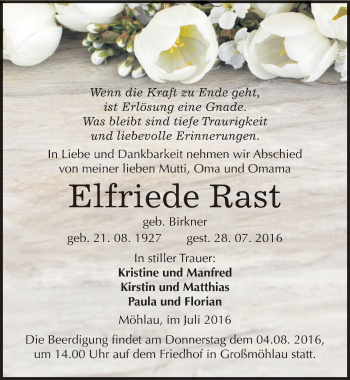 Traueranzeige von Elfriede Rast von Mitteldeutsche Zeitung Wittenberg