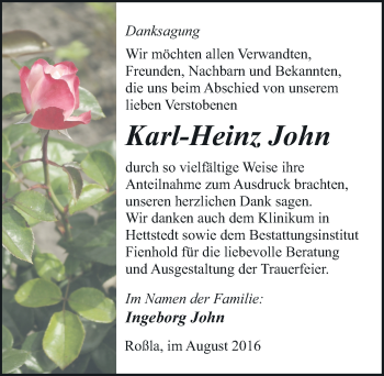Traueranzeige von Karl-Heinz John von Mitteldeutsche Zeitung Sangerhausen