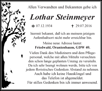 Traueranzeige von Lothar Steinmeyer von WVG - Wochenspiegel Dessau / Köthen