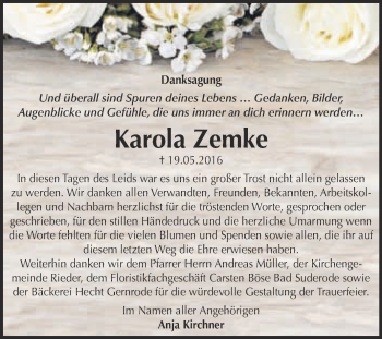 Traueranzeige von Karola Zemke von Super Sonntag Quedlinburg
