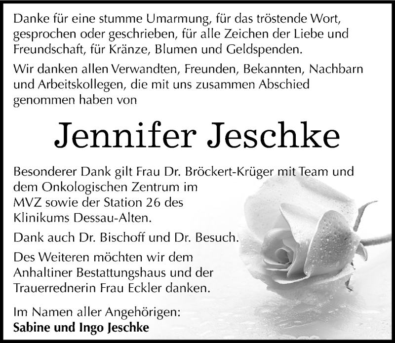  Traueranzeige für Jennifer Jeschke vom 22.08.2016 aus Mitteldeutsche Zeitung Dessau-Roßlau