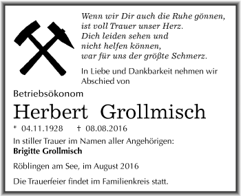 Traueranzeige von Herbert Grollmisch von Mitteldeutsche Zeitung Mansfelder Land