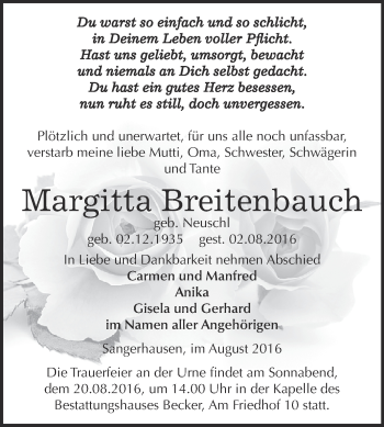 Traueranzeige von Margitta Breitenbauch von Super Sonntag SGH Mansf. Land