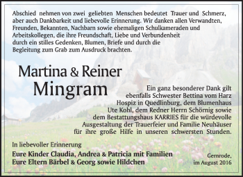 Traueranzeige von Martina Mingram von WVG - Wochenspiegel Quedlinburg