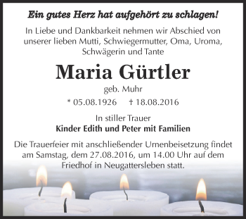 Traueranzeige von Maria Gürtler von WVG - Wochenspiegel Bernburg
