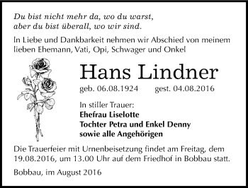 Traueranzeige von Hans Lindner von Mitteldeutsche Zeitung Bitterfeld
