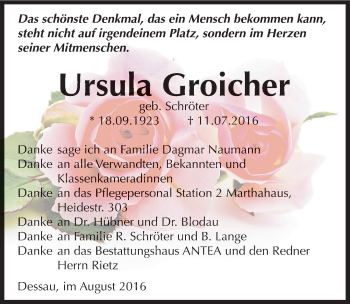 Traueranzeige von Ursula Groicher von Mitteldeutsche Zeitung Dessau-Roßlau